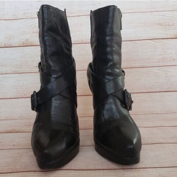 Geren Ford Edie Leather Buckle Strap Side Zipper Platform Stiletto Booties Ankle - Picture 3 of 13